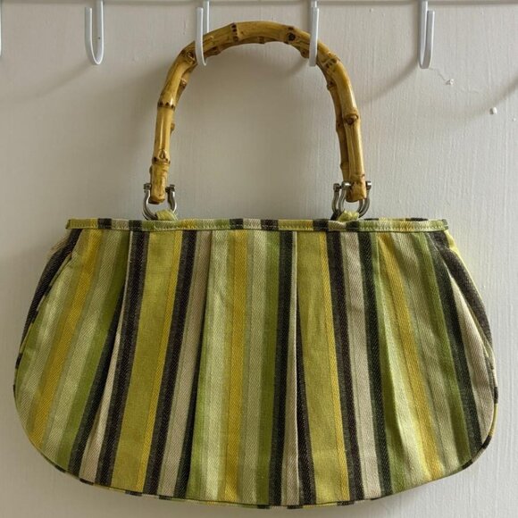 GREEN STRIPED PURSE WITH WOODEN HANDLES - Picture 2 of 3